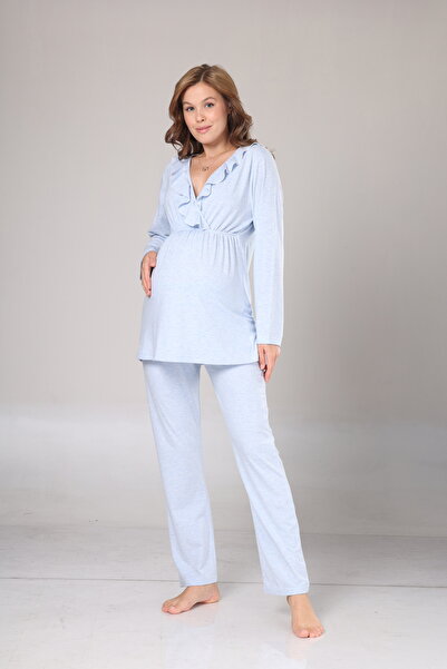 LOHOUSE Kadın Mavi Kruvaze Uzun Kol Pamuklu Lohusa Hamile Sabahlık 3'lü Pijama Set