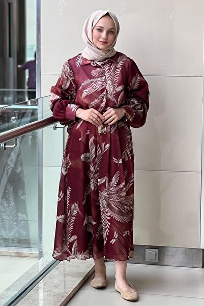 Ghisa Leaf Patterned Chiffon Satin Shirt Skirt Set