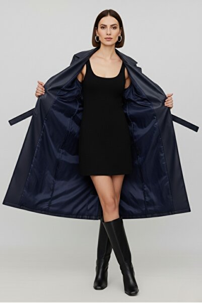 Güler Casual Kadın Kuşaklı Astarlı Cepli Uzun Deri Trençkot Lacivert