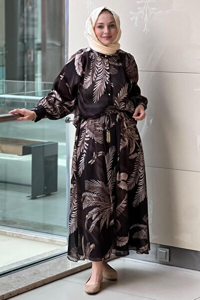 Ghisa Leaf Patterned Chiffon Satin Shirt Skirt Set