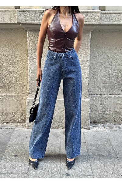 Swet Shop Jeans Γυναικείο ψηλόμεσο παντελόνι τζιν με ειδικό σχέδιο Vintage με φαρδύ πόδι