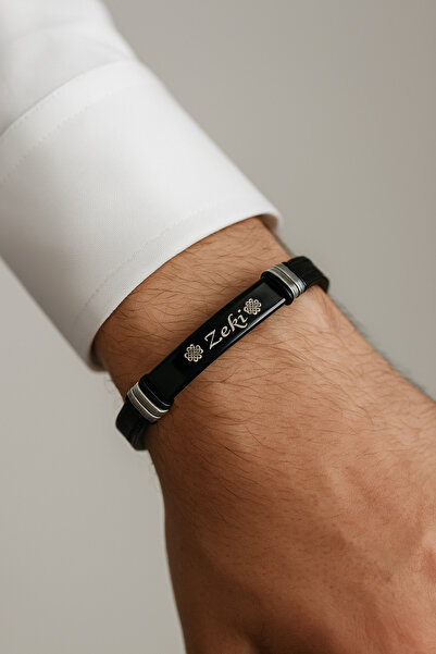 Narflake Kişiye Özel İsim Yazılı Paslanmaz Çelik Plakalı Deri Erkek Bileklik