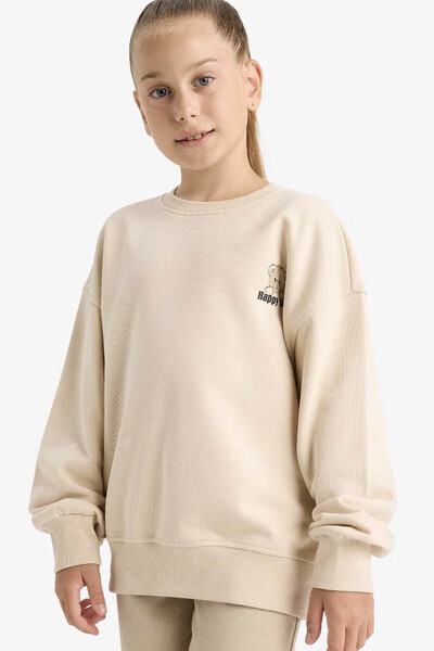 DeFacto supradimensionat Wide Fit guler rotund cu imprimeu Ecru Swea pentru f...