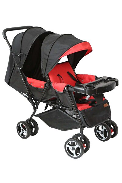 Moon Luxury Double Stroller with Canopy and Removable Armrest or Tray - Fire Red