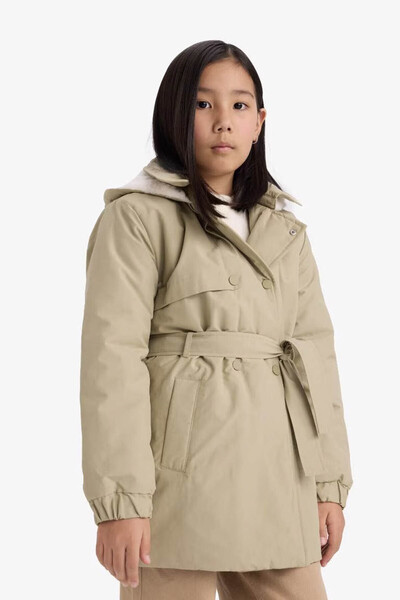 DeFacto Waterproof Waist Belted Fur Lined Long Green Girls' Raincoat & Windbreaker C5230A8/Gn7