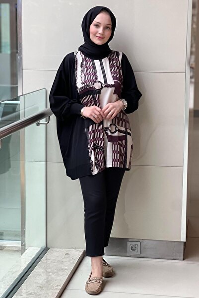 Ghisa Saten Triko Kombinli Desenli Tunik