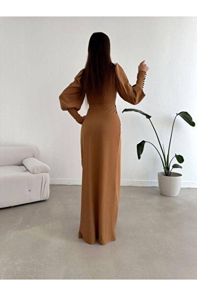 Modafeminen Balon Kol Yırtmaç Detay Krep Esnek Kumaş Uzun Abiye Elbise HARDAL 581913