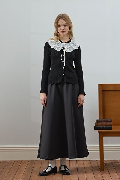 Ceylan Otantik Black and White Collared Knit Cardigan & Black Scuba Skirt Set