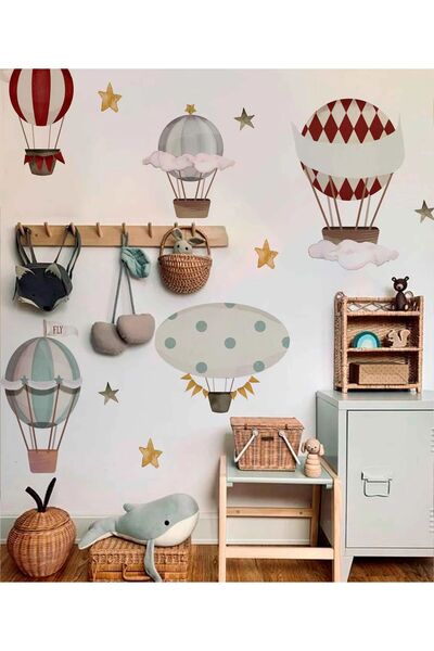 WALLHUMAN Uçan Kırmızı Balon ve Yıldızlar Çocuk Odası Duvar Sticker