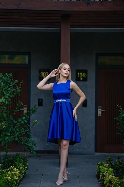 BAHARYAMAÇLI KADIN SAKS MAVİ AMOR ÖNÜ KISA ARKASI UZUN ABİYE ELBİSE