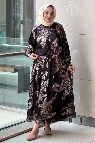 Ghisa Leaf Patterned Chiffon Satin Shirt Skirt Set