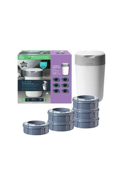 tommee tippee مجموعة بداية سلة الحفاضات المتقدمة Twist and Click، نظام صديق للبيئة مع 6 عبوات إعادة تعبئة C