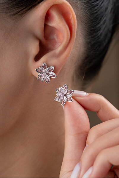 Silvano Jewelry 925 Ayar Gümüş Pembe Taşlı Lotus Küpe