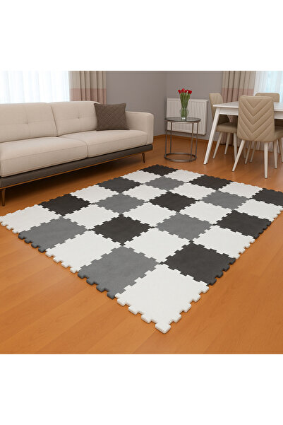 DECOZEYN GRİ BEYAZ VE ANTRASİT RENK SALON OTURMA ODASI HALISI PUZZLE HALI/PEL...