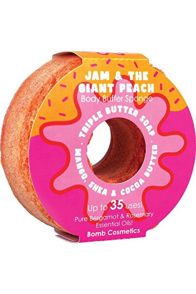 Bomb Cosmetics Exfoliating soap with sponge Jam & the Giant Peach Donut Body Buffer,