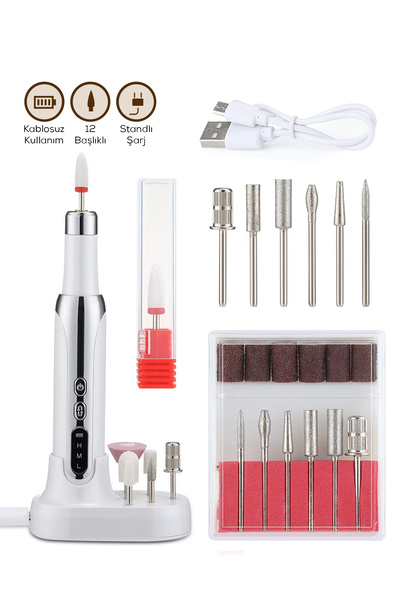 ALFAGİFT Kablosuz Şarjlı Manikür Pedikür Seti 12 Başlıklı Tırnak Bakım ve Profesyonel Törpü Makinesi