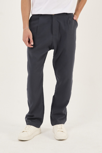 No Way Men's Pleated Elastic Waist Zippered Baggy Basic Trousers