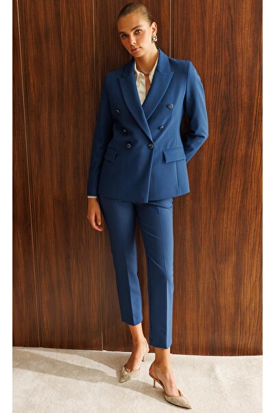 Moda İlgi Modailgi Kırlangıç Yaka Kruvaze Ceket - 40008 Petrol Mavisi