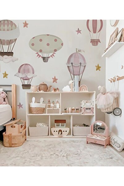 WALLHUMAN Pastel Pembe Uçan Balon ve Yıldızlar Duvar Sticker Seti