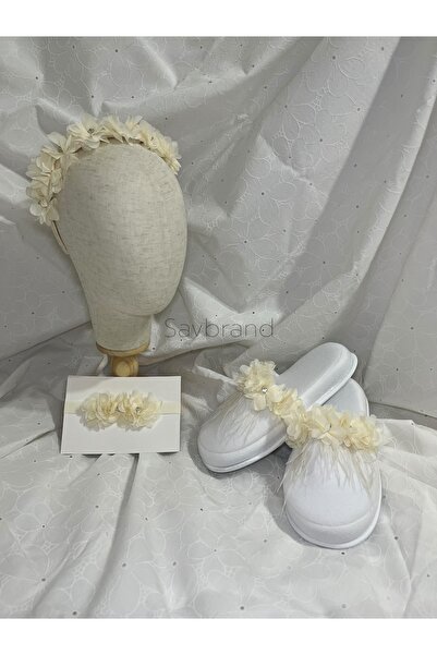 SavBrand 3-Piece Maternity Set - Laser Floral Slippers with Stones and Feathers + Crown + Bandana
