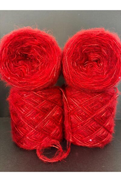 Ana&Kuzusu İplik Kırmızı, kırmızı floş pullu (3 kat sarım) orta kalınlık moher örgü ip 200gr