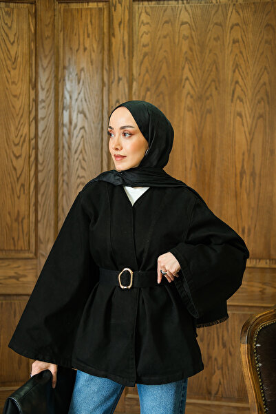 LOCCO Γυναικείο τζιν μπουφάν με κορδόνι στη μέση μαύρο