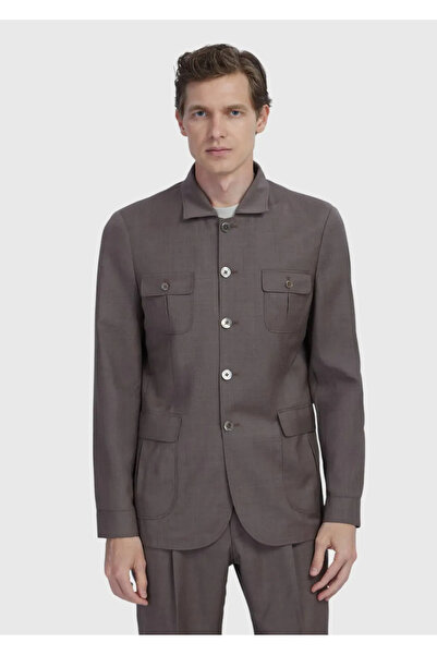 Ramsey Ανοιχτό καφέ μονόχρωμο πουκάμισο Shoulder εφαρμοστό 100% μάλλινο παλτό