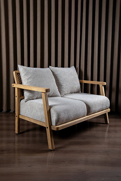 Aberteka Merlin Hazeranlı Doğal Ahşap MEŞE Renk, Sütlü Kahve Teddy Kumaş İkili Koltuk