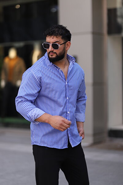 Bürke Uzun Kollu Mavi Renk Beyaz Çizgili Yarım Oversize Erkek Gömlek