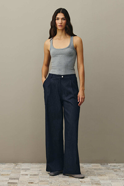 Fahhar Relaxed Fit Palazzo Denim Trousers Navy Blue
