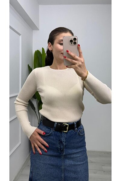 TUNAM BUTİK 4798 Threaded Glitter Detailed Knitwear Blouse Cream