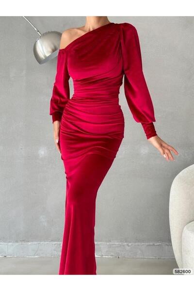 Modafeminen Slit Open Shoulder Maxi Length Velvet Fabric Evening Dress Red 582600