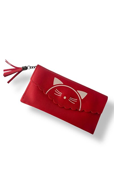 TAKIŞTIR Red Color Leather Women's Wallet with Cat Figure