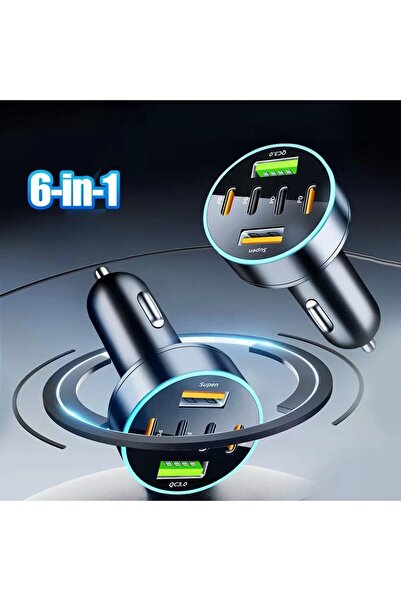 Flippy Încărcător auto 6 în 1, Flippy, 2 porturi USB cu încărcare rapidă QC3.0 și 4 porturi tip C, PD 65W, negru