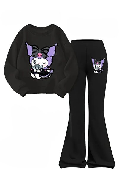 npLStore Hanorac imprimat Kuromi pentru copii Set de pantaloni de trening cu picior evazat