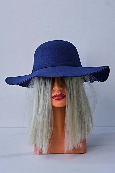FashionForYou Palarie dama Vintage, cu bor lat si fundita, Bleumarin, Palarie