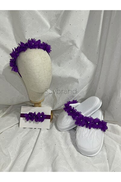 SavBrand 3-Piece Maternity Set - Laser Floral Slippers with Stones and Feathers + Crown + Bandana
