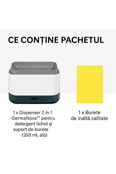 NEO Dozator de detergent de vase 2 în 1 cu suport pentru burete, 350 ml, compact, alb,