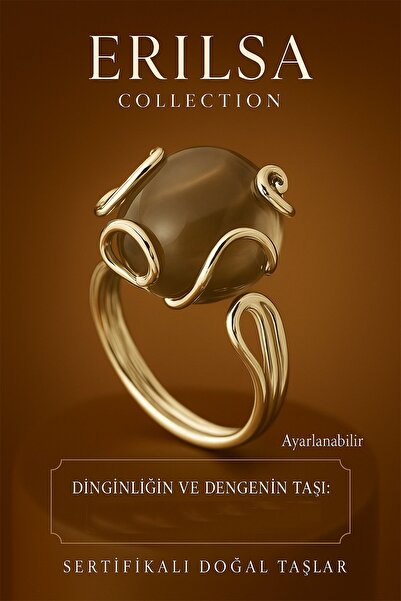 Erilsa خاتم من حجر العقيق الدخاني الطبيعي المعتمد - تصميم أنيق قابل للتعديل - التوازن والهدوء