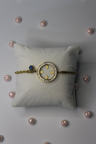 Nefi Jewelry GOLD RENK ÇELİK NAZAR BONCUKLU ÇEYREK ALTIN TAKILABİLEN BİLEKLİK