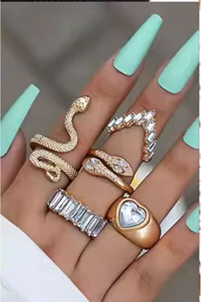 Shiklik مجموعة من 5 خواتم نسائية من الفولاذ على شكل ثعبان وقلب مرصعة بالأحجار