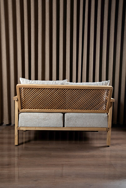 Aberteka Merlin Hazeranlı Doğal Ahşap MEŞE Renk, Sütlü Kahve Teddy Kumaş İkili Koltuk