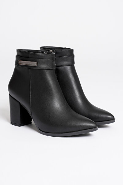 TOPUK Marya Siyah Cilt Fermuarlı Sivri Burunlu Kalın Topuklu Bot