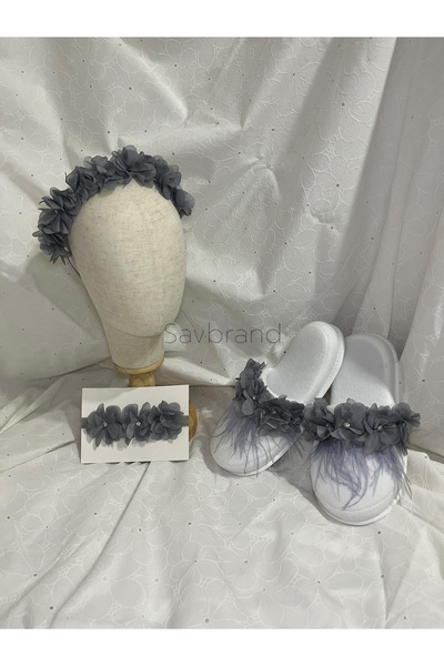 SavBrand 3-Piece Maternity Set - Laser Floral Slippers with Stones and Feathers + Crown + Bandana