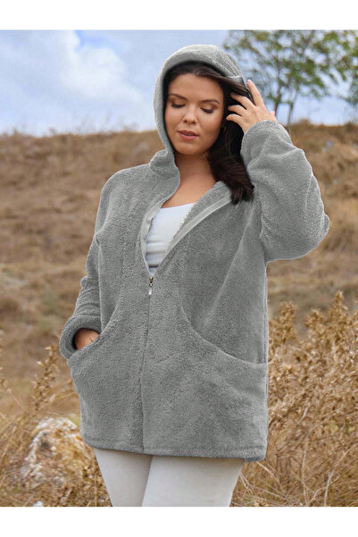 ModaSehle Women's Large Size Long Sleeve Pocket Hooded Zippered Plush Cardigan Jacket