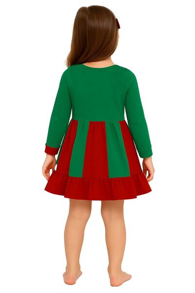 ZUZUNGA Noel Temalı Yeşil - Kırmızı Kurdeleli Kız Çocuk Elbisesi