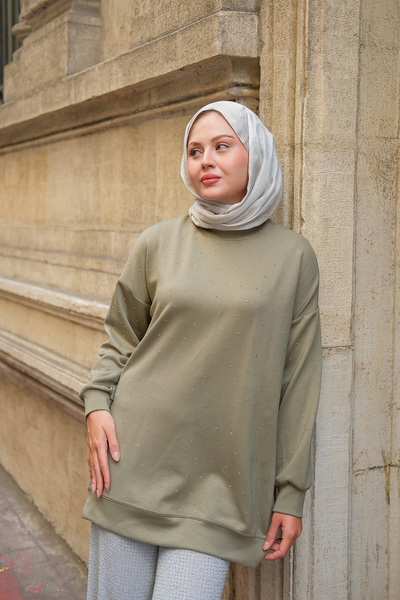 LOCCO Kadın Taş Detay Tunik Fıstık Yeşil