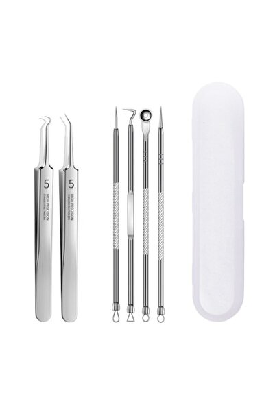 NEO Set 6 pensete pentru extractie puncte negre, comedoane, acnee, ustensile cosmetice din inox, metalic