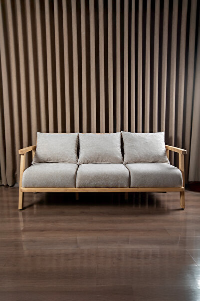 Aberteka Merlin Hazeranlı Doğal Ahşap MEŞE Renk, Sütlü Kahve Teddy Kumaş Üçlü Koltuk