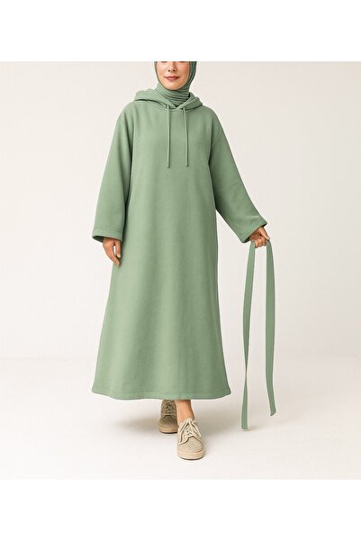 Gül İki İplik Kumaş Kapüşonlu Uzun Kuşaklı Sweatshirt Elbise - Tesettür Büyük...